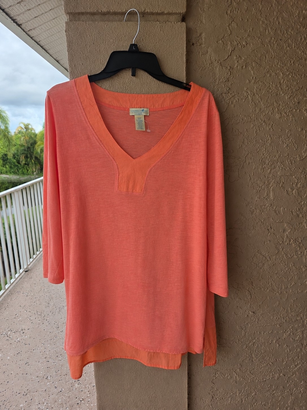 Caribbean Joe Woman 3X Coral Pink 100% Cotton 3/4 Sleeve Tunic Top